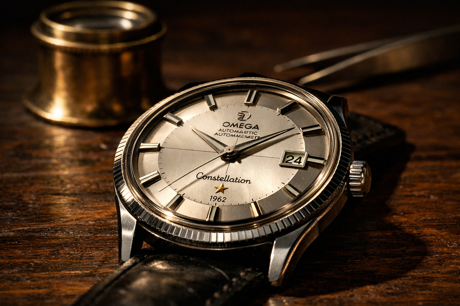 Omega Constellation Pie-Pan watch under restoration on walnut bench