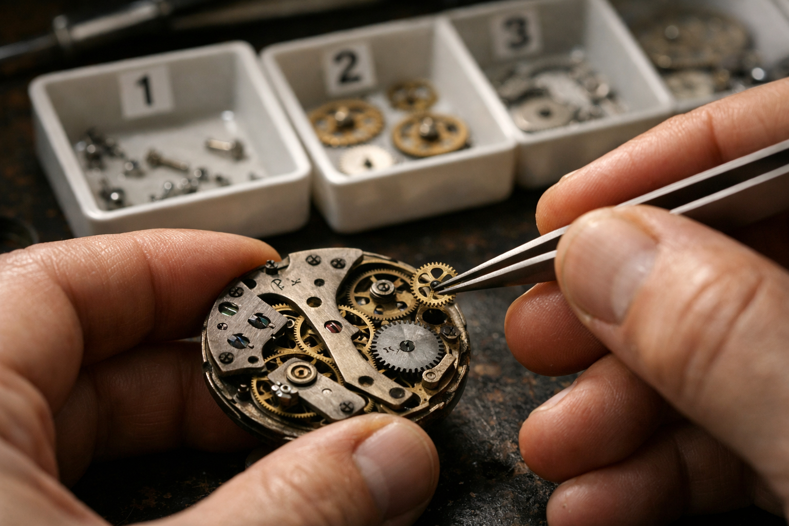 Watchmaker disassembling movement components on workbench