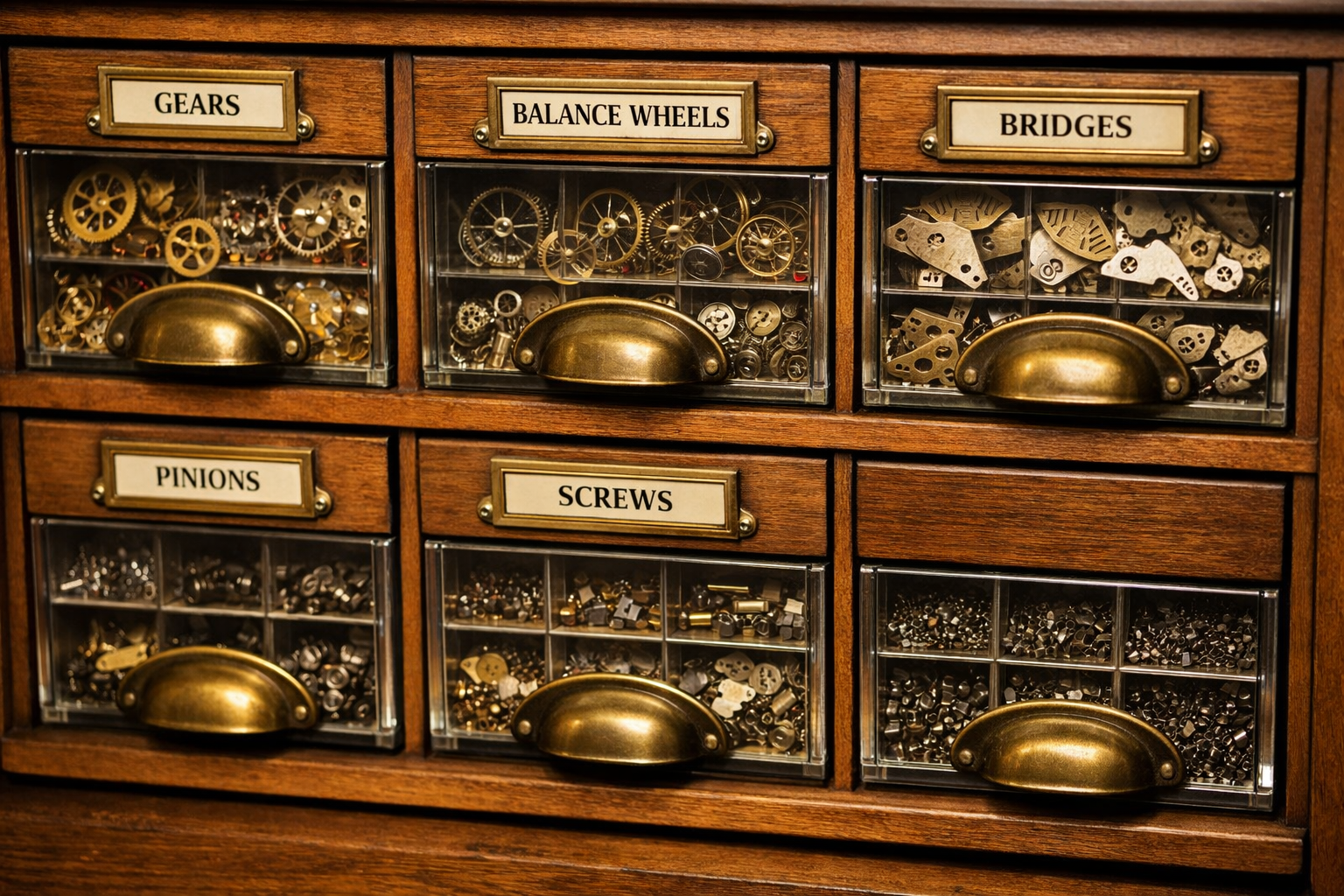 Organized drawers of vintage watch parts and components