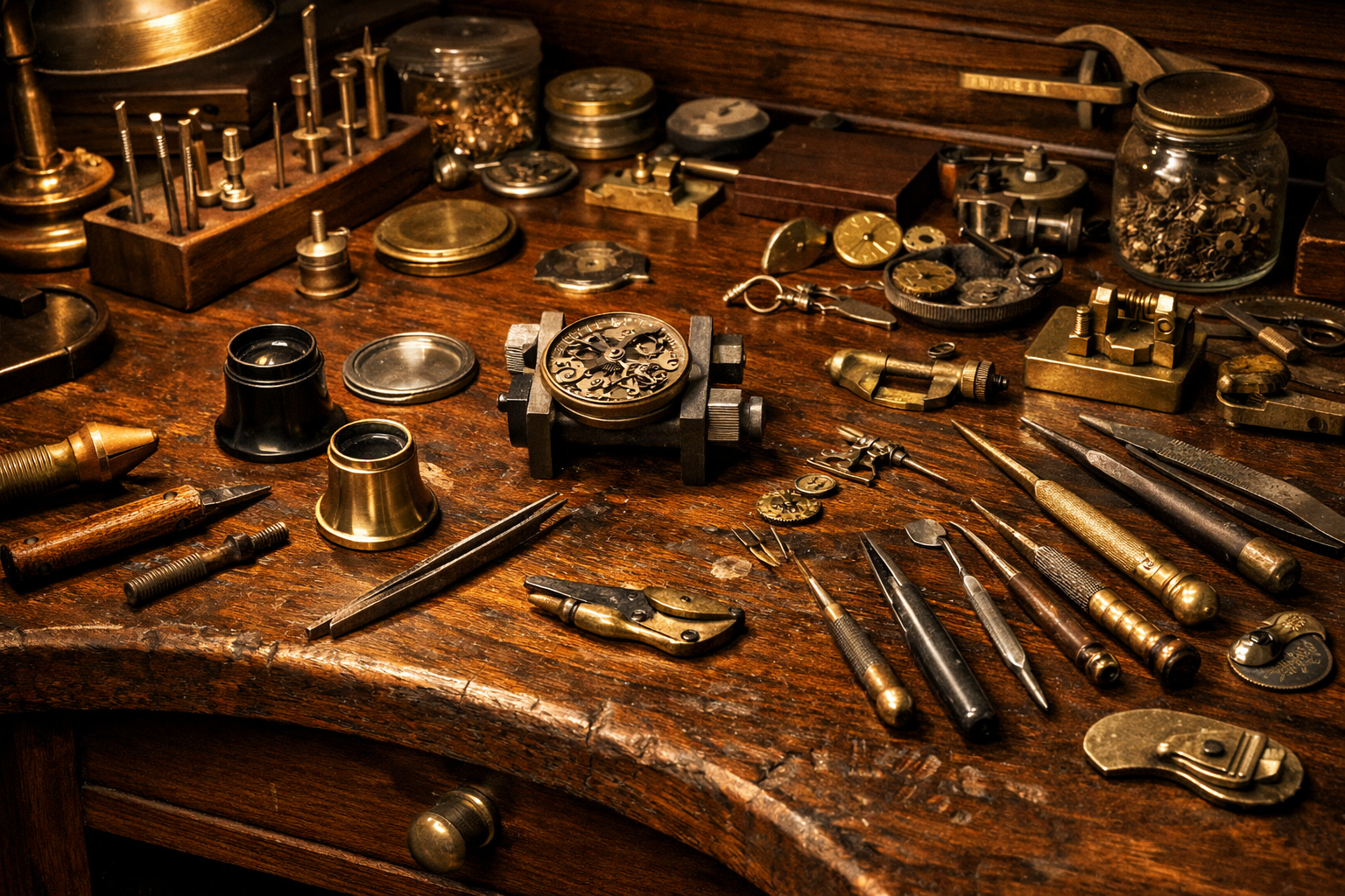 Main restoration workbench with brass tools and magnifying glass
